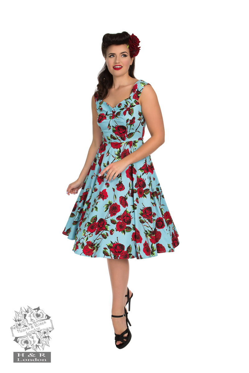 50s Ditsy Rose Floral Summer Dress in Blue - Hearts & Roses Australia